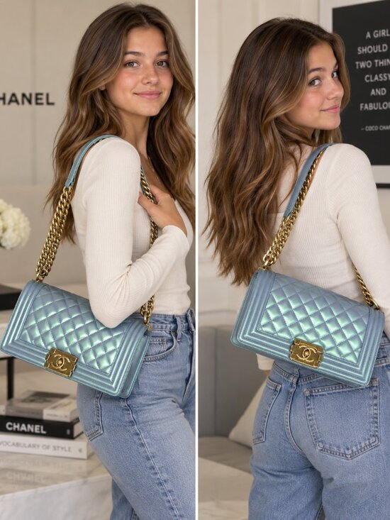 CHANEL Handbags - CHANEL Medium Boy Bag Light Blue Patent Calfskin Gold Hardware